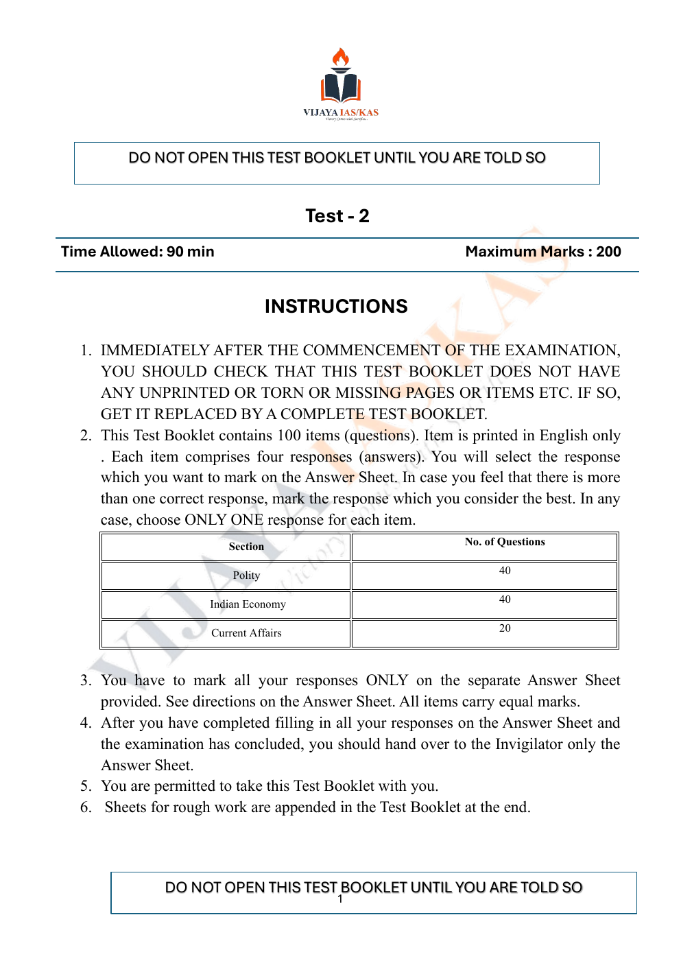 Cover page of VIJAYA IAS/KAS Test 2